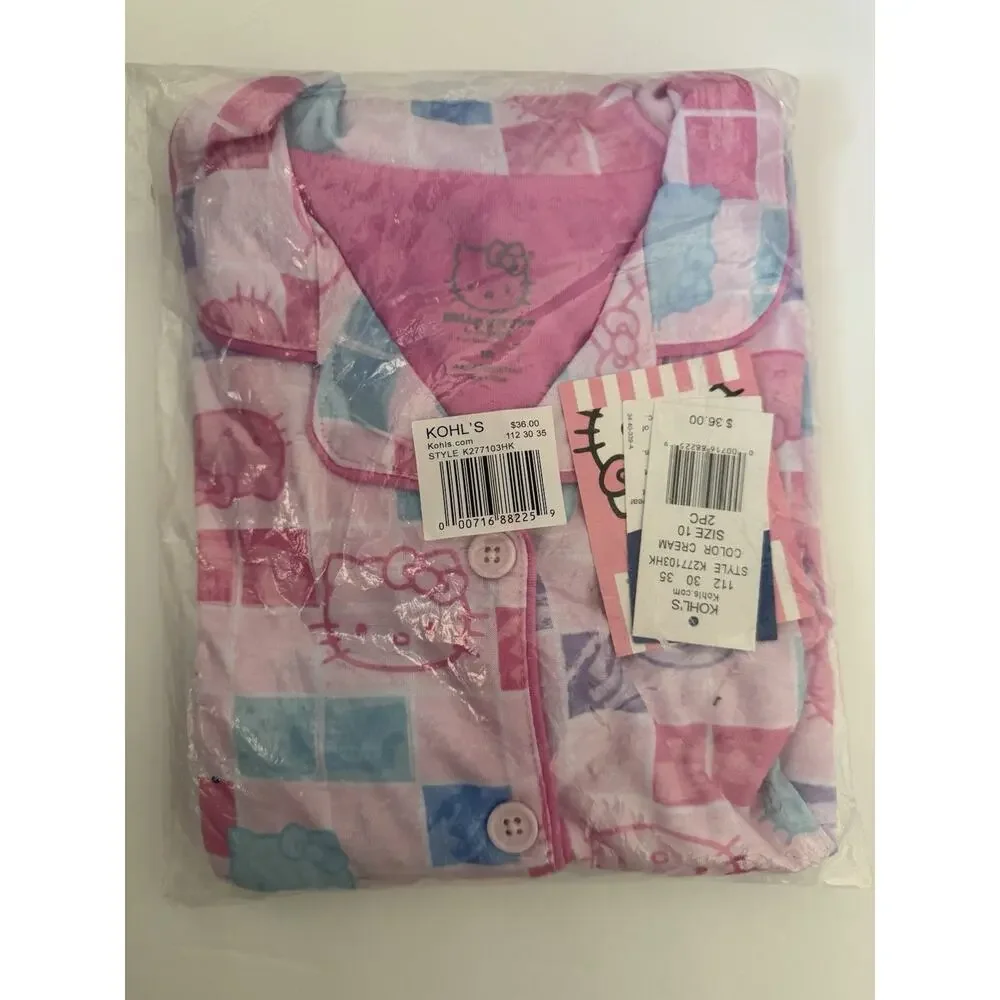 Hello Kitty Pink Button Up Short Sleeve Top Shorts Girls’ Pajama Set Size 10